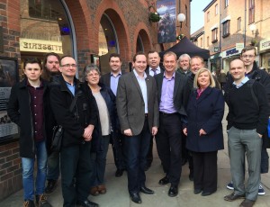 Tim Farron with Lib Dem councillors including Cllr Chris Cullwick and campaigners outside Jorvik